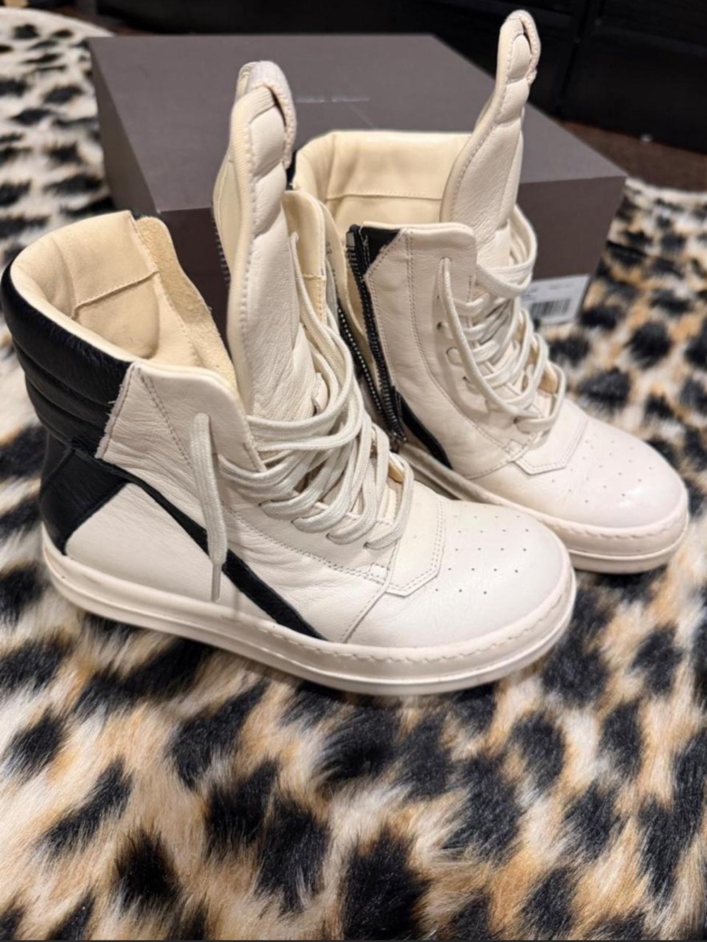Rick Owens Cream and Black Lace-Up High-Top Boots KIDS